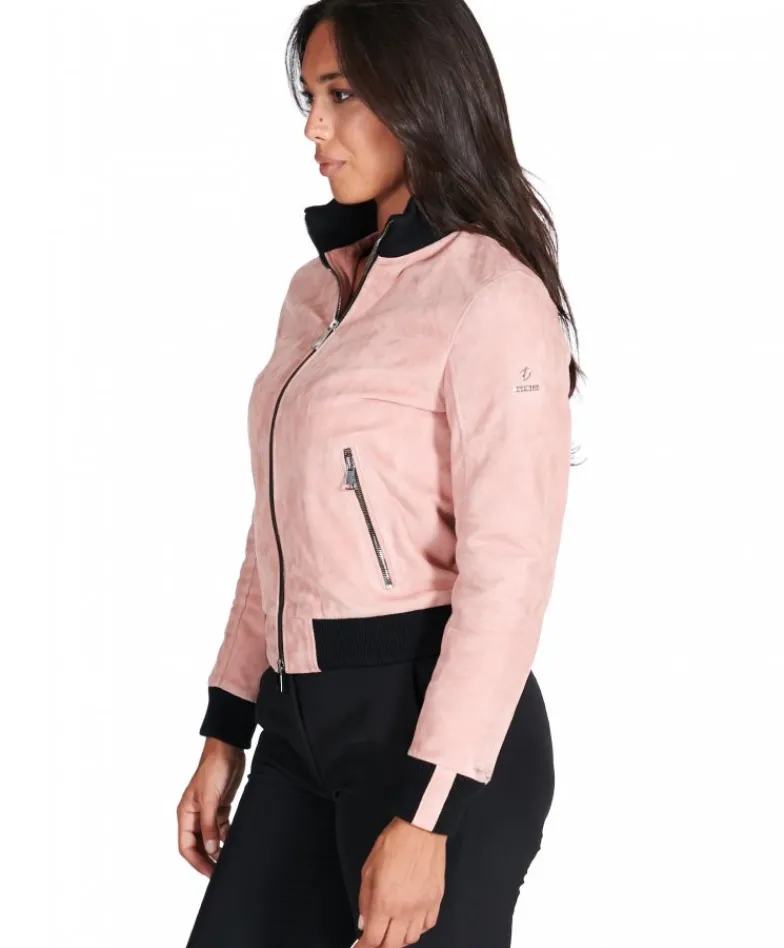 Donna D'Arienzo G155 - Bomber in pelle scamosciata rosa collo in lana merino a contrasto