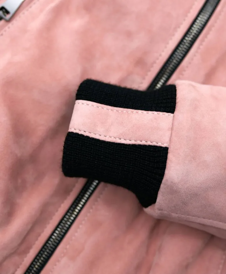 Donna D'Arienzo G155 - Bomber in pelle scamosciata rosa collo in lana merino a contrasto