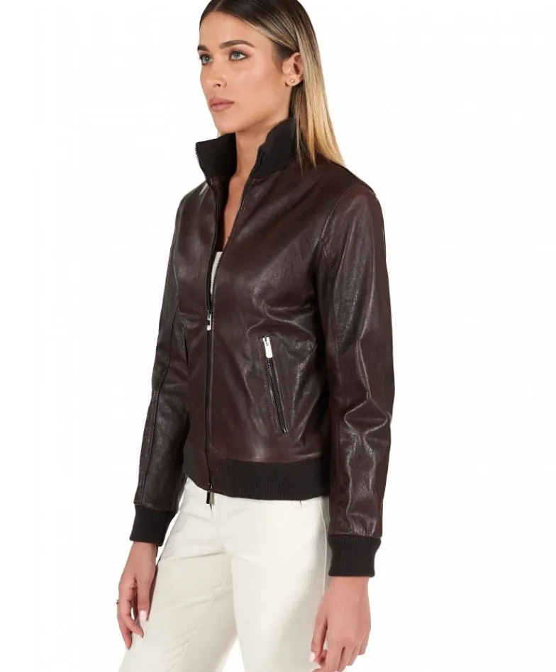 Donna D'Arienzo G155 - Bomber in pelle testa di moro effetto vintage