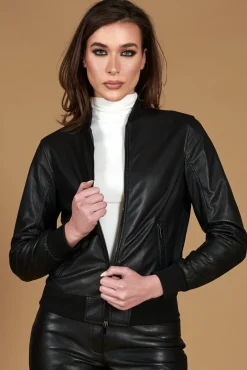 Donna D'Arienzo G155 College - Bomber in pelle traforata nera nappa effetto liscio