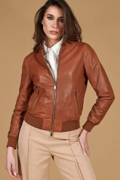 Donna D'Arienzo G155 College - Bomber in pelle traforata color cuoio nappa effetto liscio