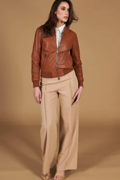 Donna D'Arienzo G155 College - Bomber in pelle traforata color cuoio nappa effetto liscio