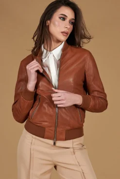Donna D'Arienzo G155 College - Bomber in pelle traforata color cuoio nappa effetto liscio