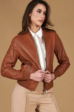 Donna D'Arienzo G155 College - Bomber in pelle traforata color cuoio nappa effetto liscio