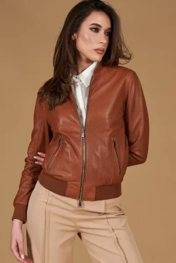 Donna D'Arienzo G155 College - Bomber in pelle traforata color cuoio nappa effetto liscio