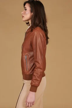 Donna D'Arienzo G155 College - Bomber in pelle traforata color cuoio nappa effetto liscio