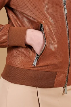 Donna D'Arienzo G155 College - Bomber in pelle traforata color cuoio nappa effetto liscio
