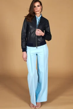Donna D'Arienzo G155 College - Bomber in pelle traforata blu nappa effetto liscio