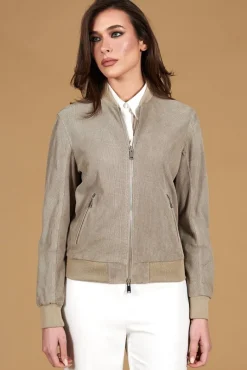 Donna D'Arienzo G155 College - Bomber in pelle camoscio traforato grigio colletto pistagna