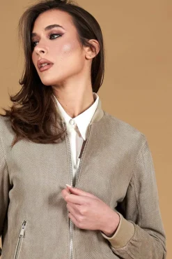 Donna D'Arienzo G155 College - Bomber in pelle camoscio traforato grigio colletto pistagna