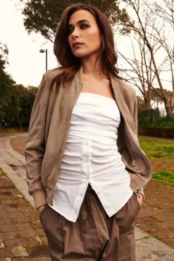 Donna D'Arienzo G155 College - Bomber in pelle camoscio traforato grigio colletto pistagna