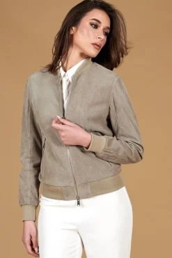 Donna D'Arienzo G155 College - Bomber in pelle camoscio traforato grigio colletto pistagna