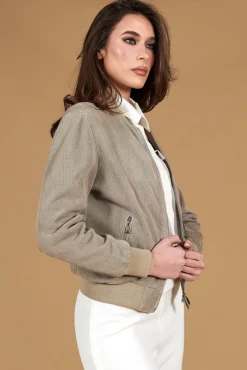 Donna D'Arienzo G155 College - Bomber in pelle camoscio traforato grigio colletto pistagna