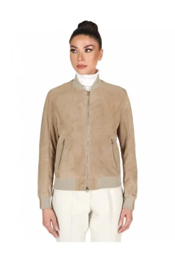 Donna D'Arienzo G155 College - Bomber in pelle camoscio colore sabbia collo banana