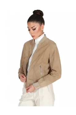 Donna D'Arienzo G155 College - Bomber in pelle camoscio colore sabbia collo banana