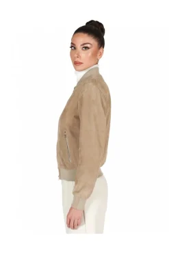 Donna D'Arienzo G155 College - Bomber in pelle camoscio colore sabbia collo banana