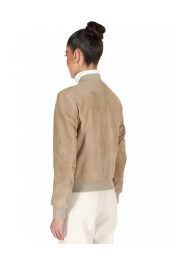 Donna D'Arienzo G155 College - Bomber in pelle camoscio colore sabbia collo banana