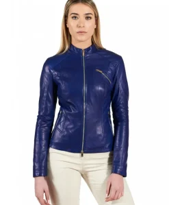Donna D'Arienzo Geny - Giacca moto in pelle naturale bluette trapuntata effetto liscio
