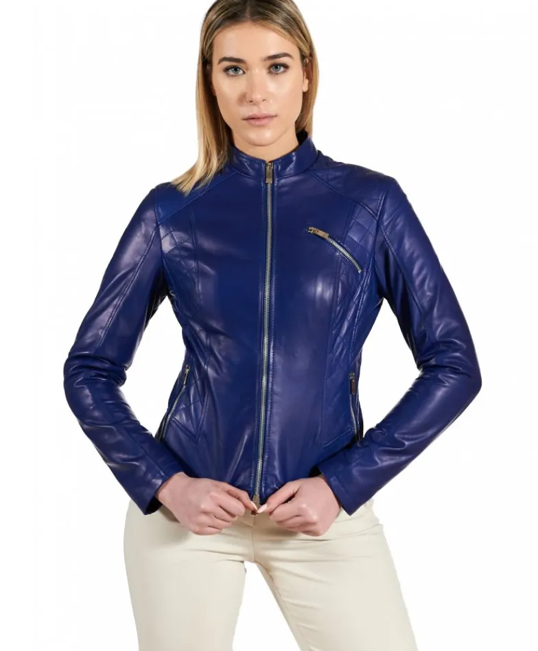 Donna D'Arienzo Geny - Giacca moto in pelle naturale bluette trapuntata effetto liscio