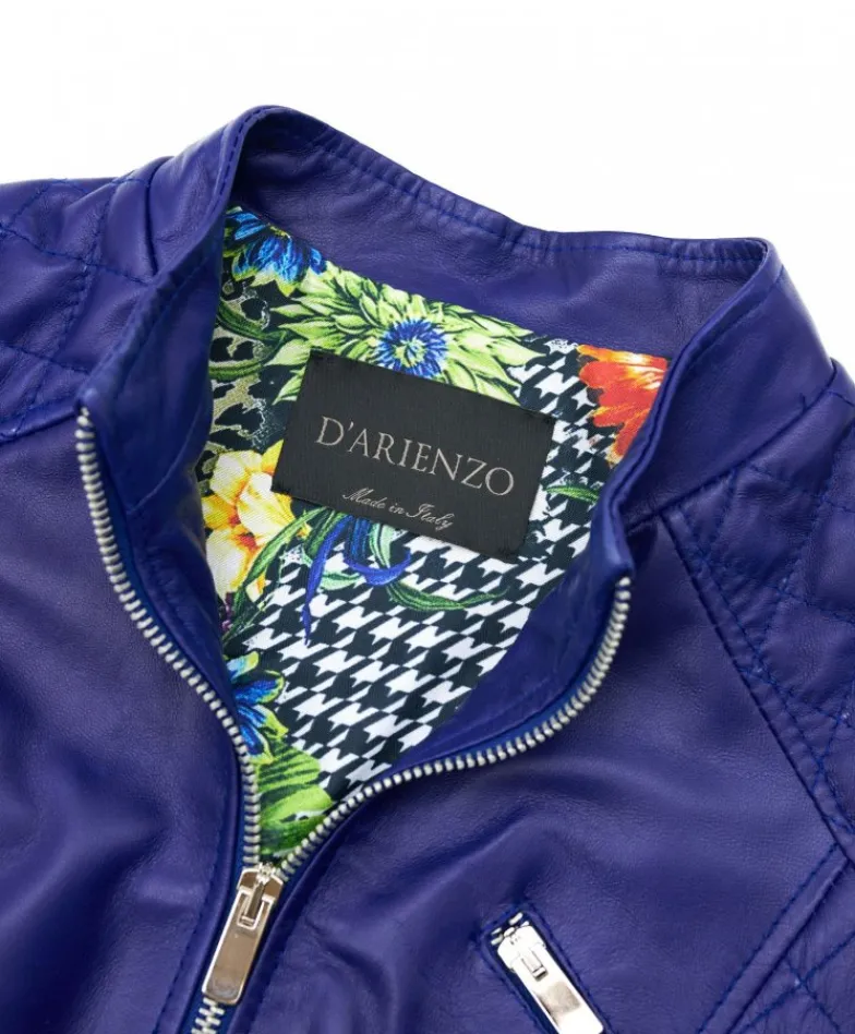Donna D'Arienzo Geny - Giacca moto in pelle naturale bluette trapuntata effetto liscio