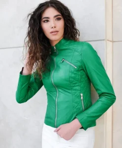 Donna D'Arienzo Geny - Giacca moto in pelle verde trapuntata nappa effetto liscio