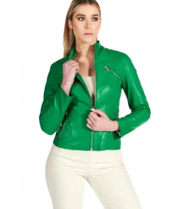 Donna D'Arienzo Geny - Giacca moto in pelle verde trapuntata nappa effetto liscio