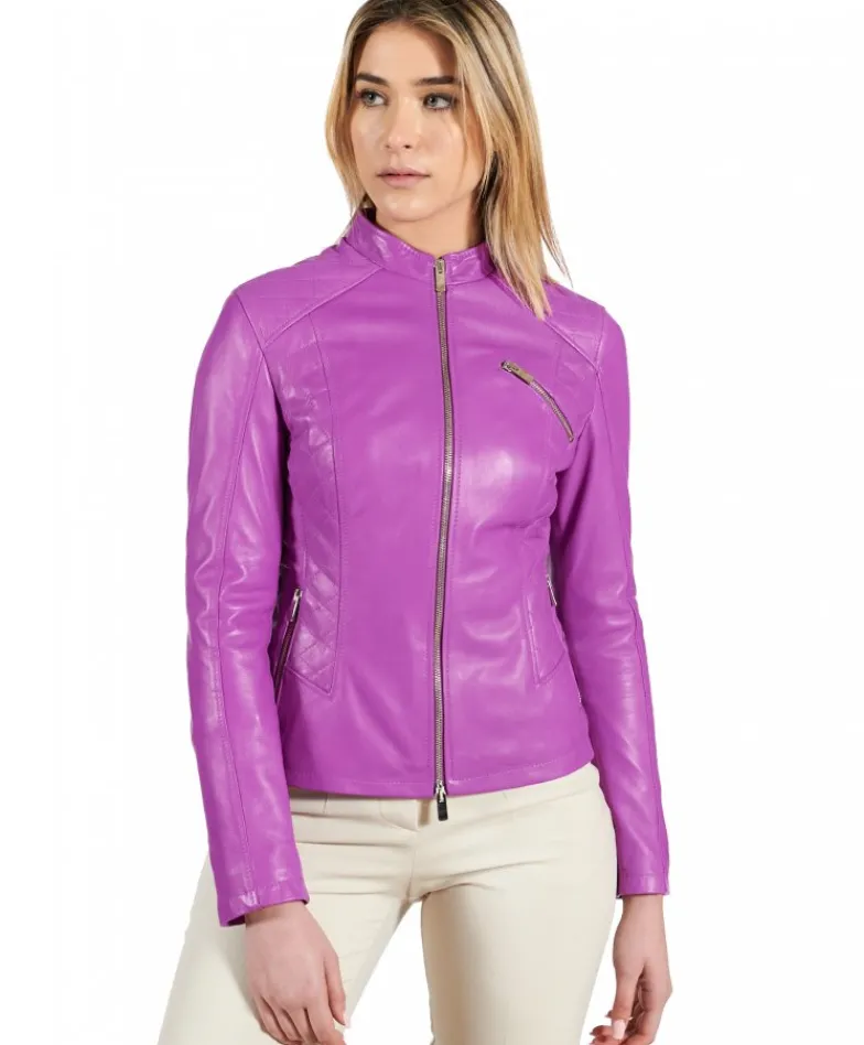 Donna D'Arienzo Geny - Giacca moto in pelle naturale glicine trapuntata effetto liscio