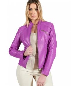 Donna D'Arienzo Geny - Giacca moto in pelle naturale glicine trapuntata effetto liscio