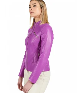 Donna D'Arienzo Geny - Giacca moto in pelle naturale glicine trapuntata effetto liscio