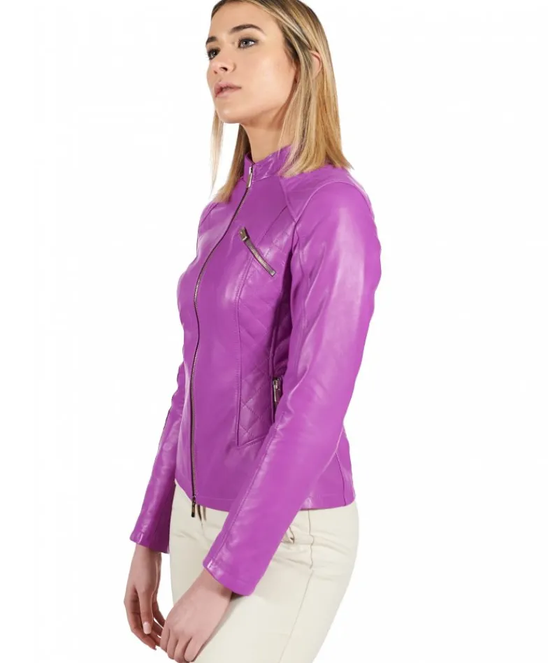 Donna D'Arienzo Geny - Giacca moto in pelle naturale glicine trapuntata effetto liscio