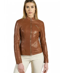 Donna D'Arienzo Geny - Giacca moto in pelle naturale cuoio trapuntata effetto liscio