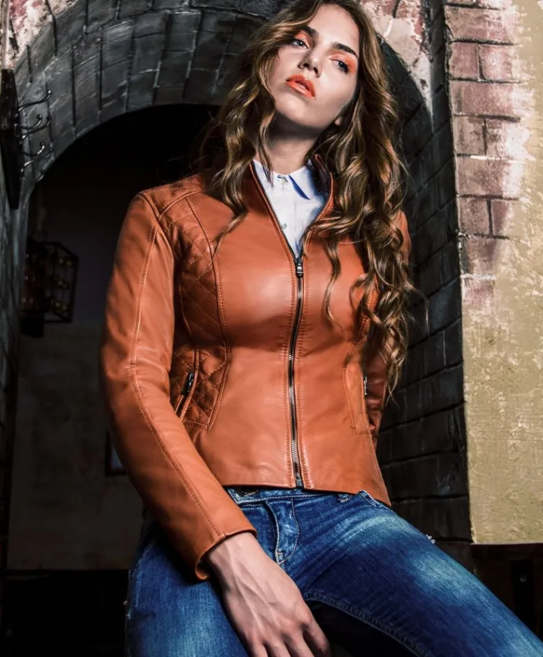 Donna D'Arienzo Geny - Giacca moto in pelle naturale cuoio trapuntata effetto liscio