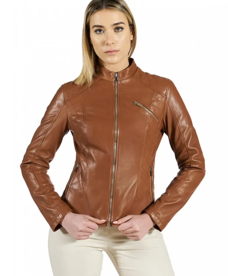 Donna D'Arienzo Geny - Giacca moto in pelle naturale cuoio trapuntata effetto liscio