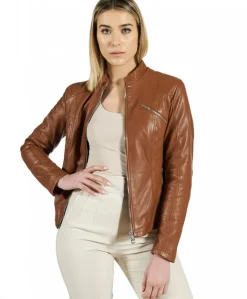 Donna D'Arienzo Geny - Giacca moto in pelle naturale cuoio trapuntata effetto liscio