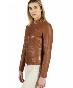 Donna D'Arienzo Geny - Giacca moto in pelle naturale cuoio trapuntata effetto liscio