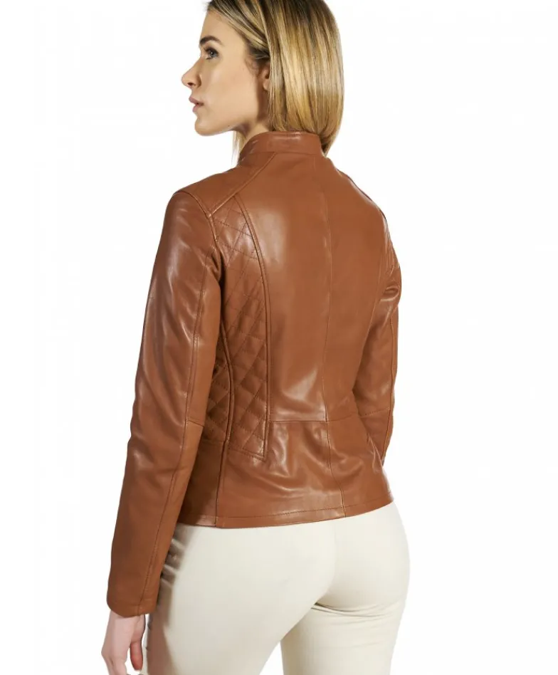 Donna D'Arienzo Geny - Giacca moto in pelle naturale cuoio trapuntata effetto liscio
