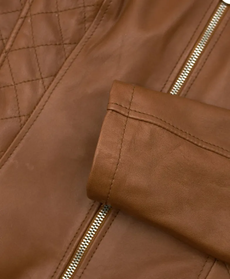Donna D'Arienzo Geny - Giacca moto in pelle naturale cuoio trapuntata effetto liscio