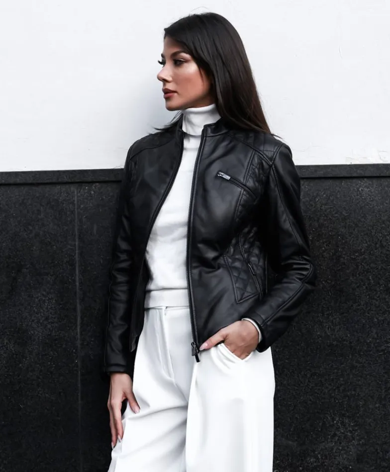 Donna D'Arienzo Geny - Giubbotto moto in pelle nera trapuntata effetto vintage