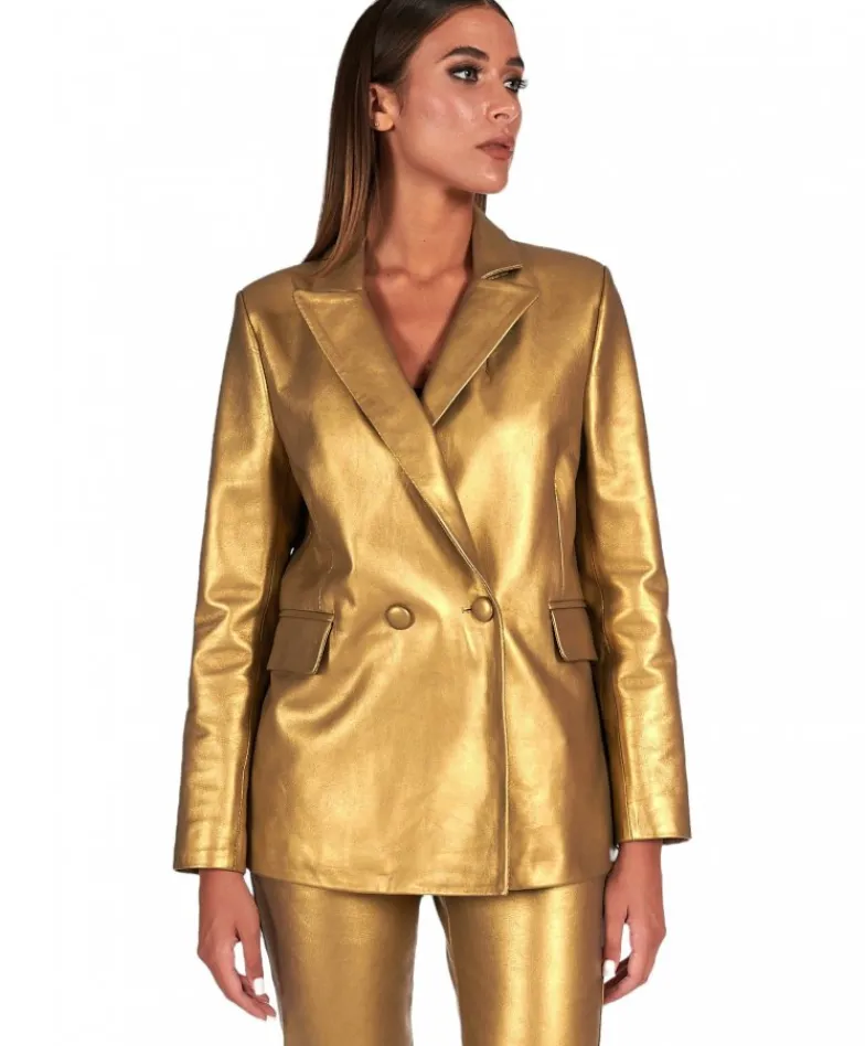 Donna D'Arienzo Giada - Blazer doppiopetto in pelle color oro chiusura bottone