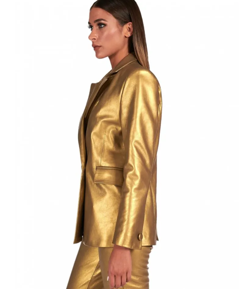 Donna D'Arienzo Giada - Blazer doppiopetto in pelle color oro chiusura bottone