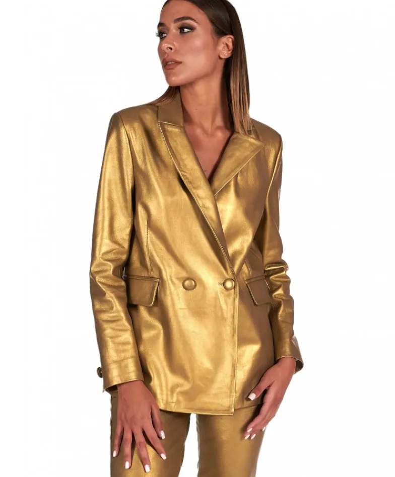Donna D'Arienzo Giada - Blazer doppiopetto in pelle color oro chiusura bottone