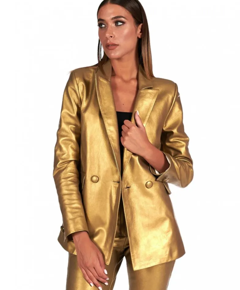 Donna D'Arienzo Giada - Blazer doppiopetto in pelle color oro chiusura bottone