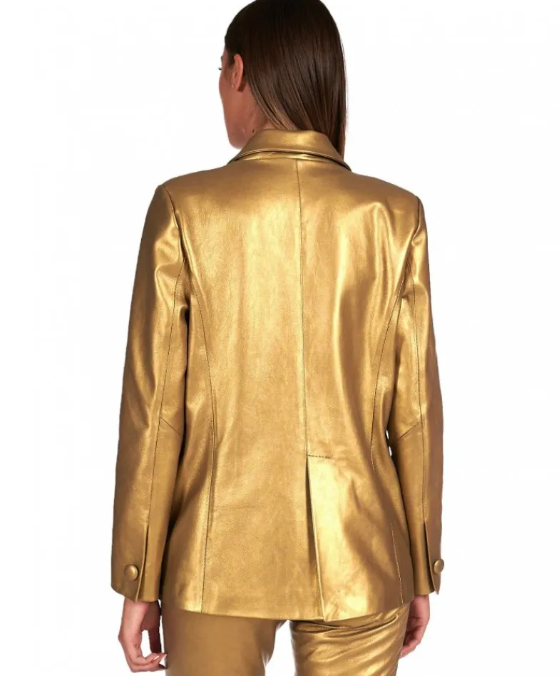 Donna D'Arienzo Giada - Blazer doppiopetto in pelle color oro chiusura bottone