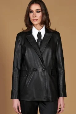 Donna D'Arienzo Giada - Blazer doppiopetto in pelle nera chiusura bottone