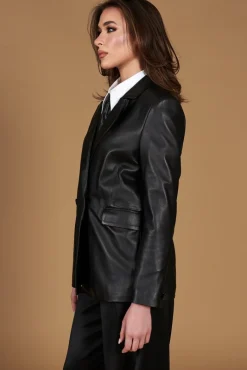Donna D'Arienzo Giada - Blazer doppiopetto in pelle nera chiusura bottone