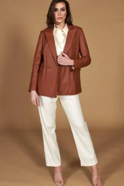 Donna D'Arienzo Giada - Blazer doppiopetto in pelle color cuoio chiusura bottone
