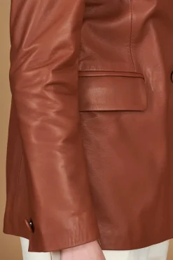 Donna D'Arienzo Giada - Blazer doppiopetto in pelle color cuoio chiusura bottone
