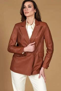 Donna D'Arienzo Giada - Blazer doppiopetto in pelle color cuoio chiusura bottone