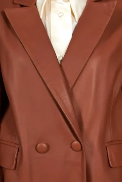 Donna D'Arienzo Giada - Blazer doppiopetto in pelle color cuoio chiusura bottone