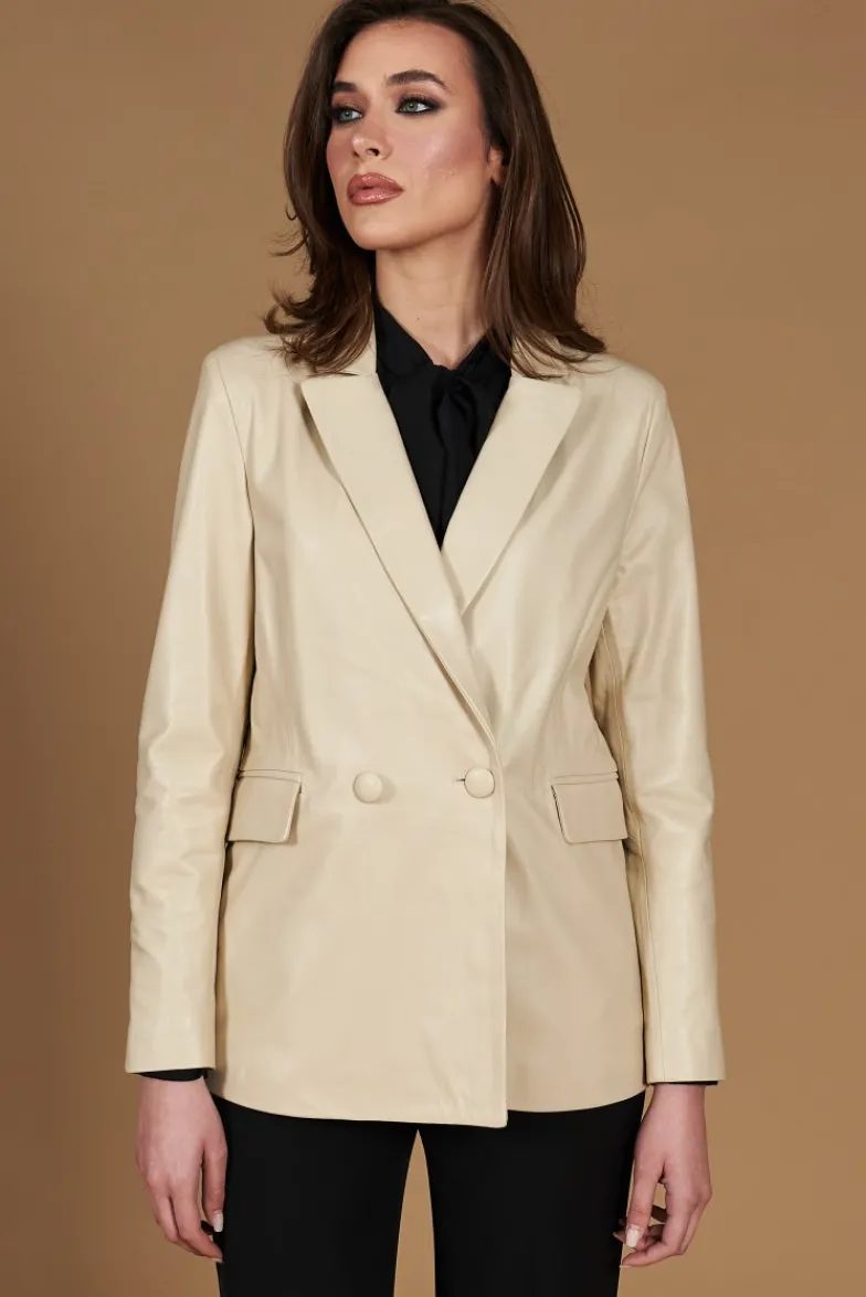 Donna D'Arienzo Giada - Blazer doppiopetto in pelle beige chiusura bottone